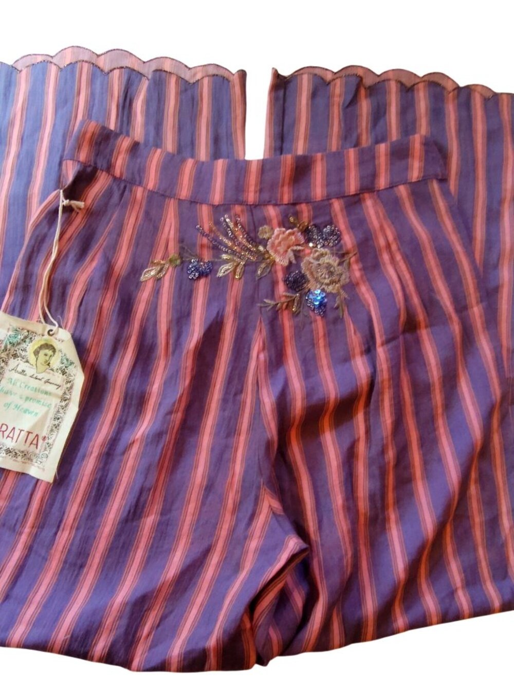 NWT Aratta Womens Striped Sequin Embroidered Wide-Leg Pants With Scalloped Hem S